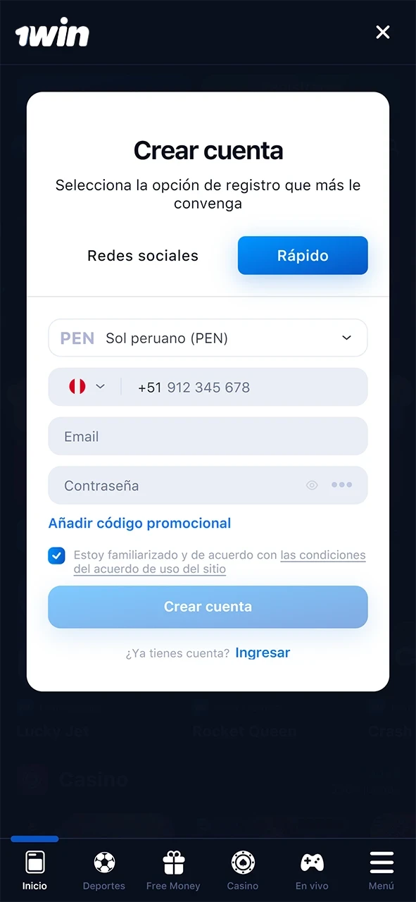 Página de inscripción en la aplicación 1win.