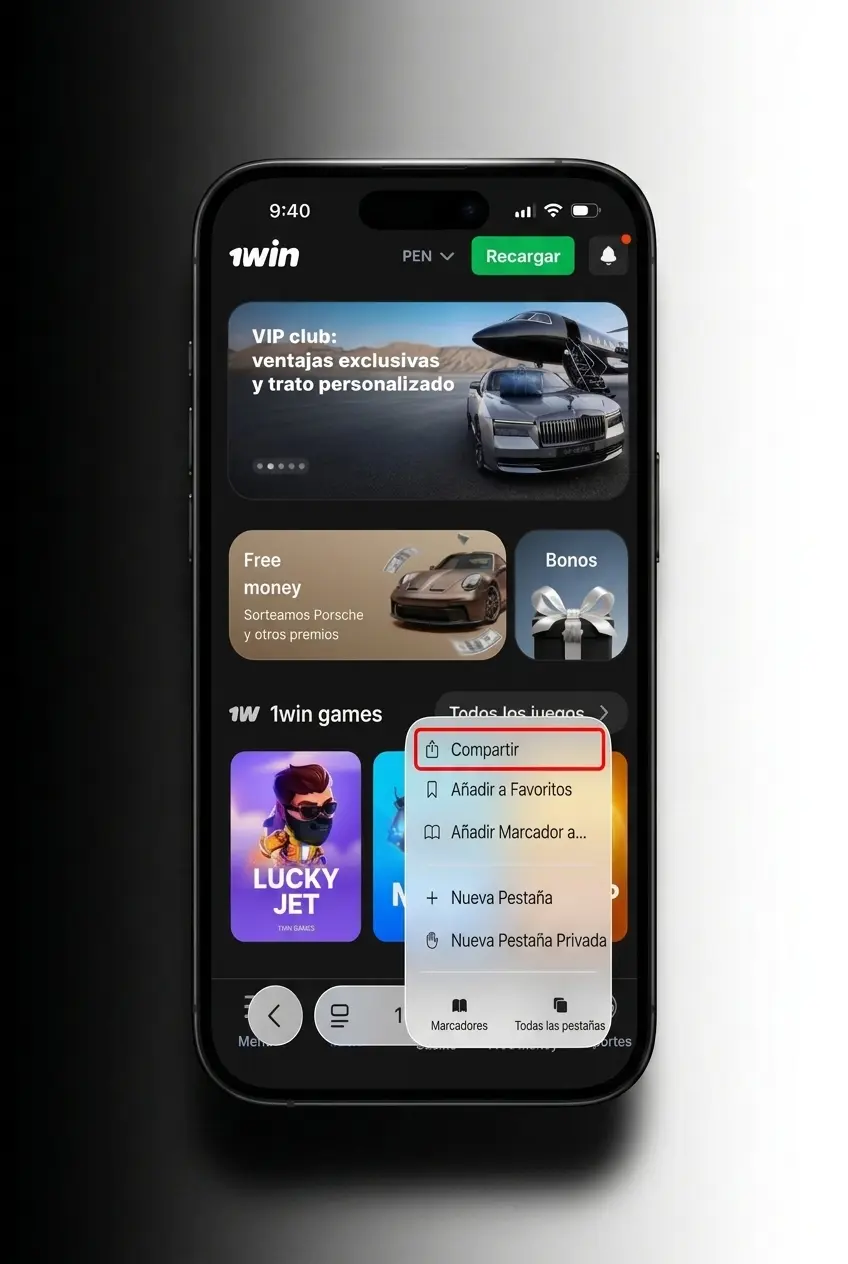 Pasos para instalar app 1win en iOS iPhone iPad y jugar Lucky Jet desde pantalla de inicio Safari