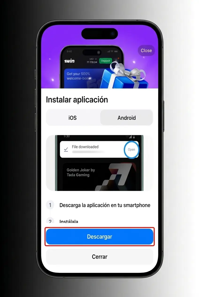 Guía de instalación de la app 1win APK para Android para jugar Lucky Jet en móvil